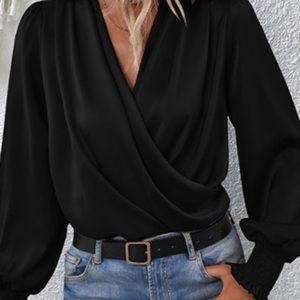 Black Basic Drape V-Neck Blouse‎ for Women